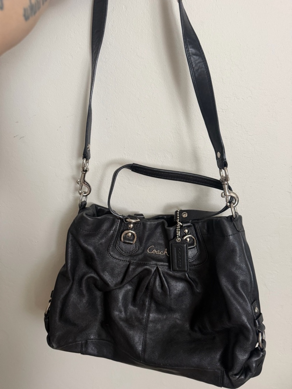 Coach Black Leather Shoulder Tote with Silver Hardware